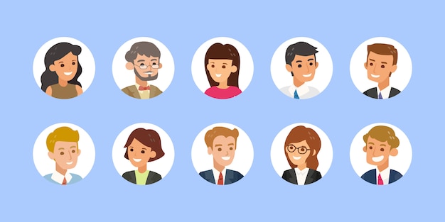 Vector business people avatar collection. young adults man and woman faces, colorful user pic icons in circle shape. flat design style cartoon illustration isolated.