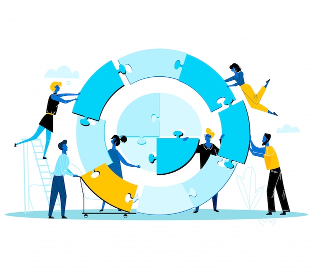 Business people building together huge round puzzle separated on pieces