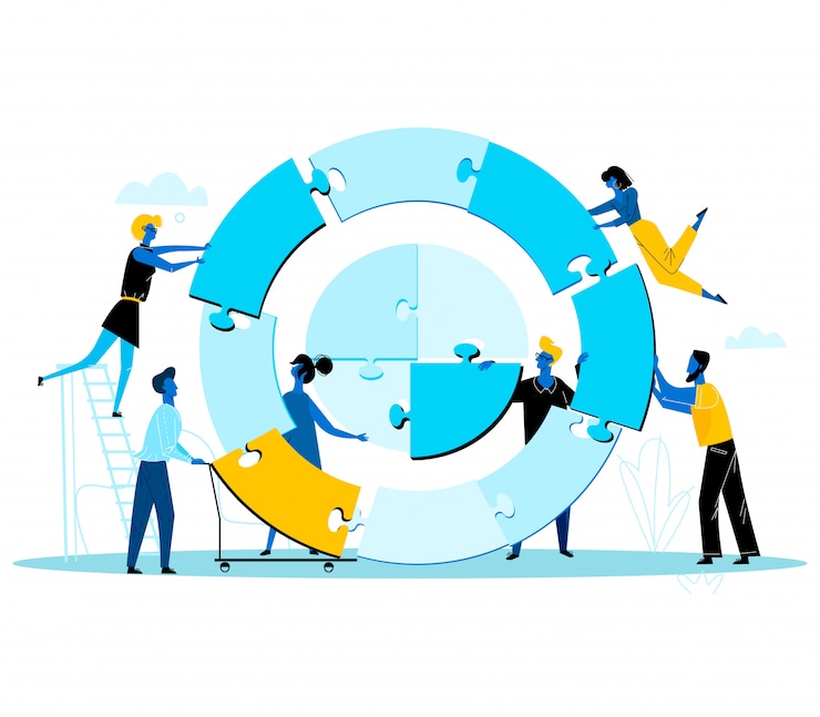 Vector business people building together huge round puzzle separated on pieces