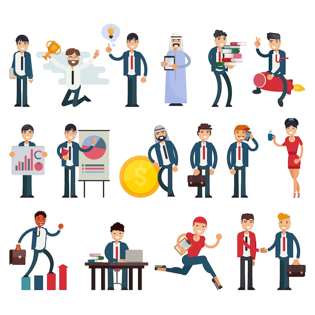 Business people businessmen character professional people work in teamwork illustration set of executive woman or man meeting with workers isolated on white background