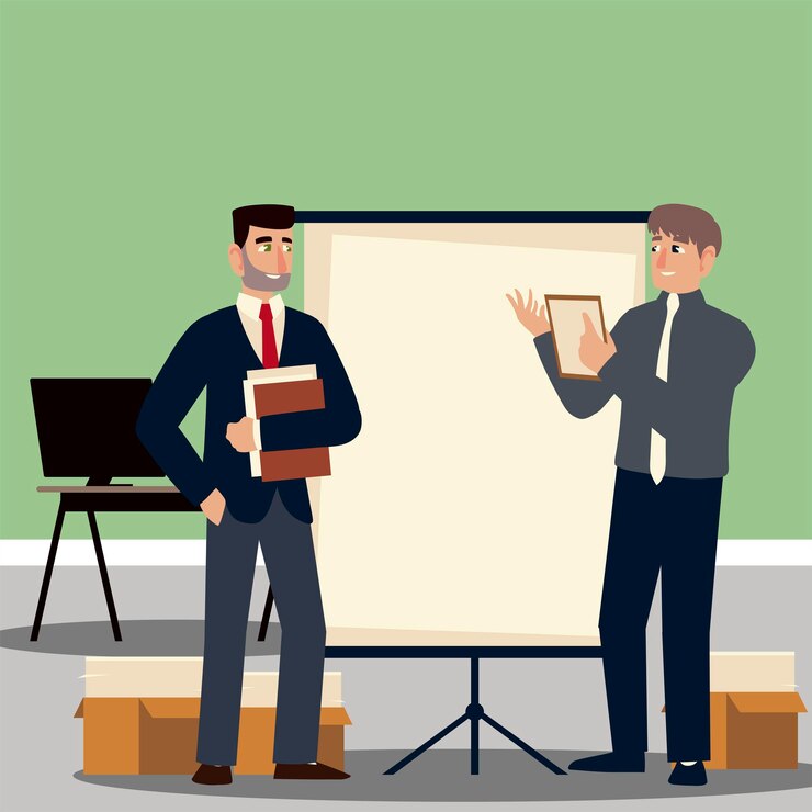 Vector business people, businessmen in office with board presentation and documents