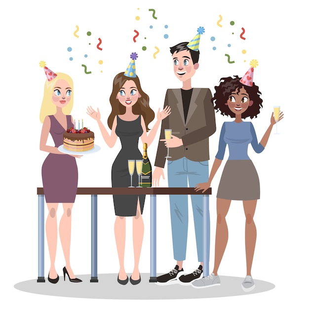 Vector business people celebrate birthday together. woman holding