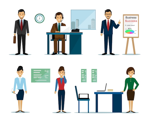 Business people characters: businessmen and businesswomen in\
the office. flat style vector illustration