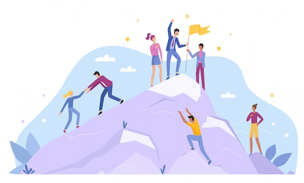 Business people characters climb top peak landing page flat vector illustration concept. leadership and teamwork, team leader show way, motivate to success, award trophy flag, competitive environment