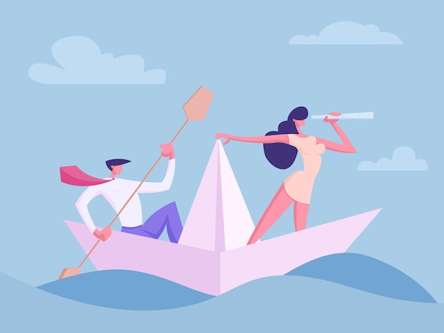 Vector business people characters on paper ship illustration