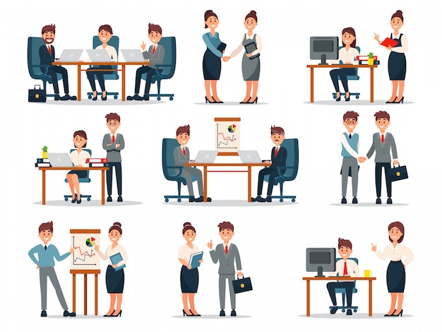 Business people characters at work set, male and female workers at workplace in office cartoon   Illustrations