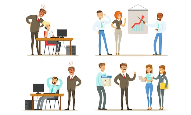 Business People Characters Working in the Office Set Male and Female Managers or Employees Metting Making Presentation and Working Together Vector Illustration