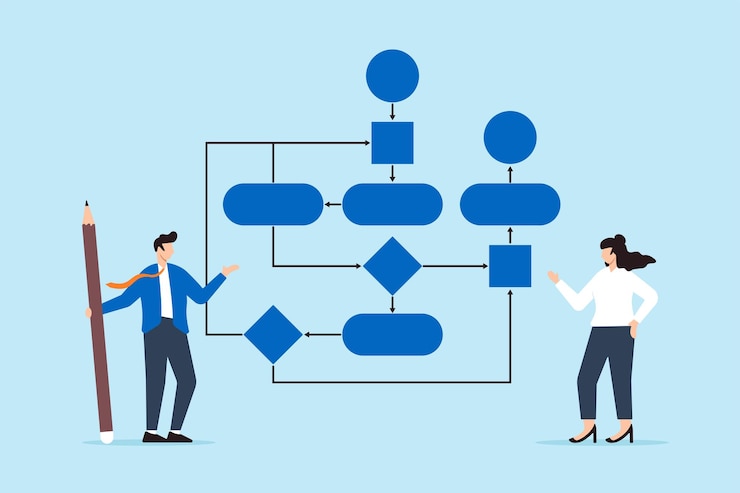 Vector business people collaborating on workflow process drawing