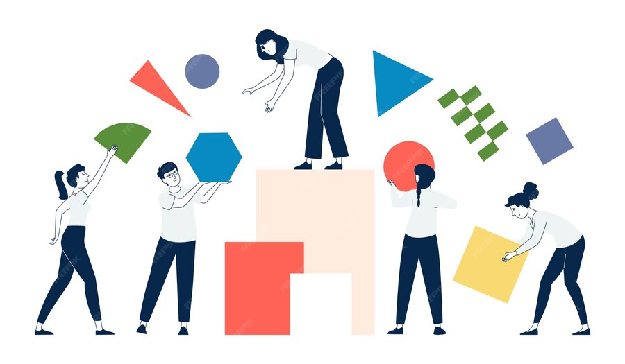 Premium Vector Business people collect geometric shapes Start up and