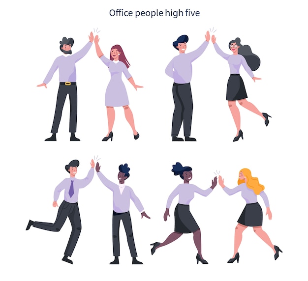 Vector business people communication idea set. business man and woman working together and succeeding. business man and woman high five.