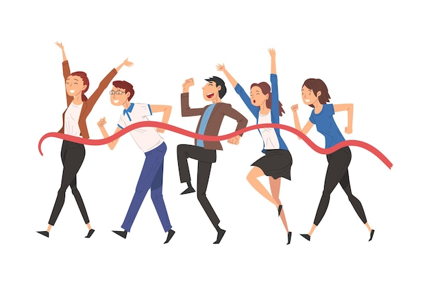 Business people crossing the finish line team leader professional competition vector illustration