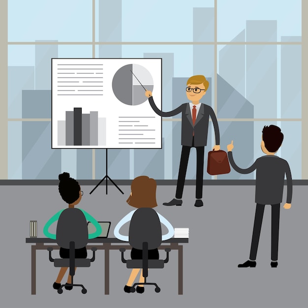 Business people different races working in modern office vector illustration