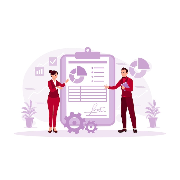 Vector business people discuss charts and graphs about successful work results in the office