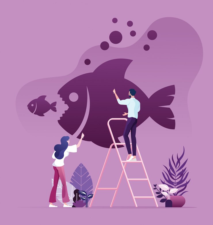 Vector business people drawing big fish eat small fish on the wall