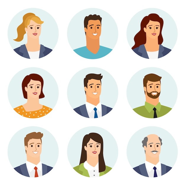 Business people flat avatars set with smiling face. team collection