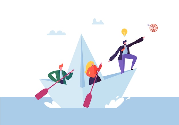 Vector business people floating on a paper ship