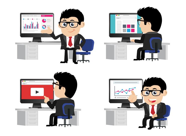 Vector business people in front of his computer