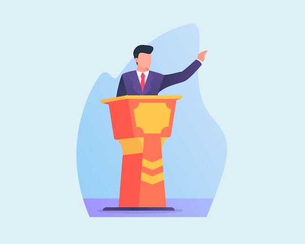 Vector business people give speech in podium with flat style