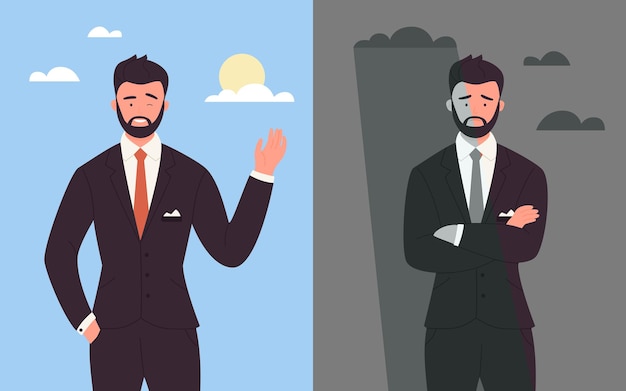 Vector business people in good and bad mood happy businessman in suit sad man office worker