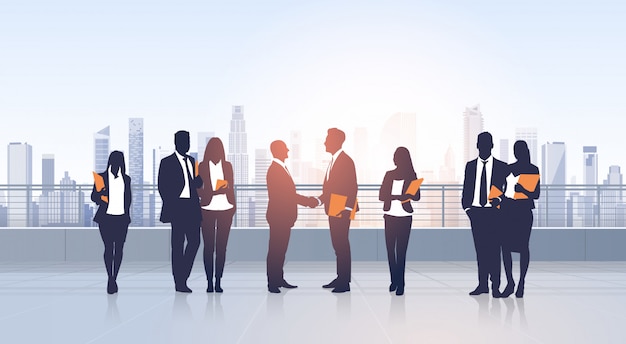 Business People Group Meeting Agreement Hand Shake Silhouettes Modern City View Office Building