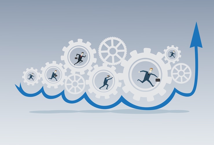 Vector business people group running in cog wheel 