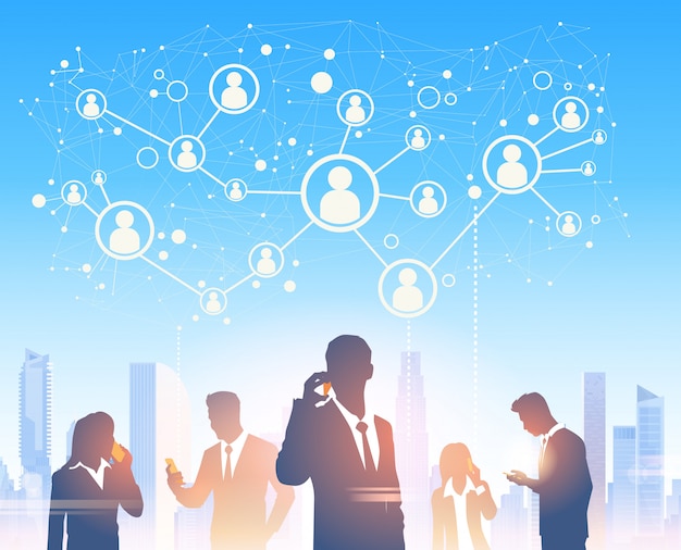 Business People Group Silhouettes Over City Landscape Modern Office Social Network Communication