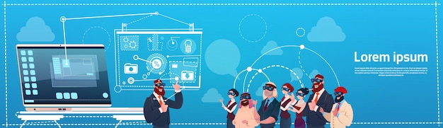 business people group wear virtual reality glasses digital interface screen presentation seminar