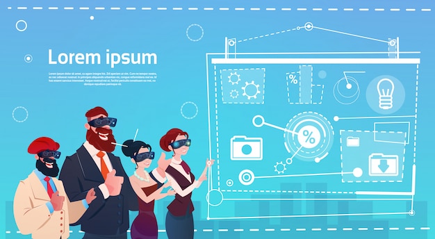 business people group wear virtual reality glasses digital interface screen presentation seminar