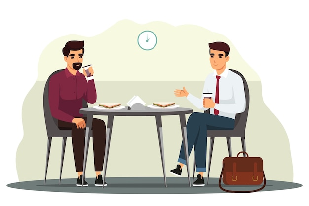 Uomini d'affari che pranzano in pausa ufficio incontro con cibo e caffè in mensa o bar lavoratori aziendali che mangiano e discutono compiti illustrazione del lavoro di squadra
