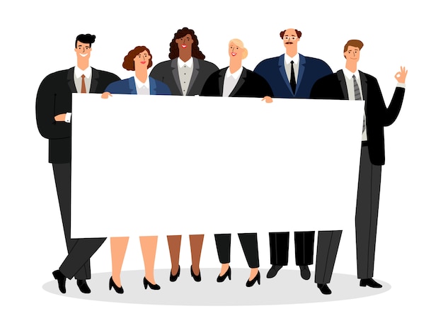 Business people holding blank banner