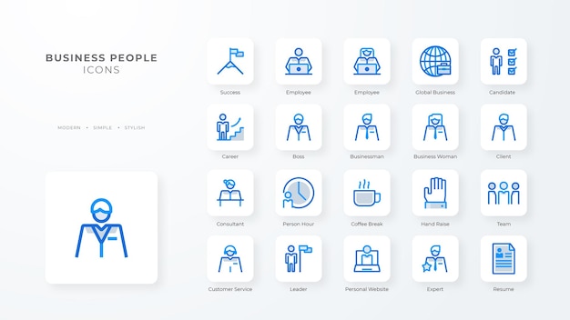 Коллекция икон деловых людей с синим дуплексным стилем Разработка базы данных корпоративной валюты открывает документ электронной коммерции Векторная иллюстрация