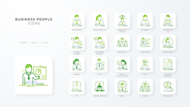 Коллекция иконок деловых людей с зеленым контуром человека, бизнесмен, команда, менеджер по командной работе, набор символов, векторная иллюстрация