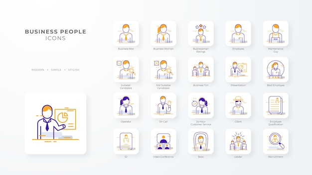 Business people icon collection with purple orange outline style person businessman team teamwork manager set symbol vector illustration