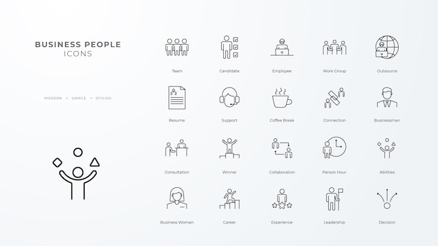 Vector business people icons collection with black outline style money technology finance idea strategy teamwork management vector illustration