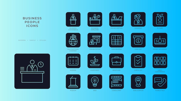 Business people icons with black filled outline style