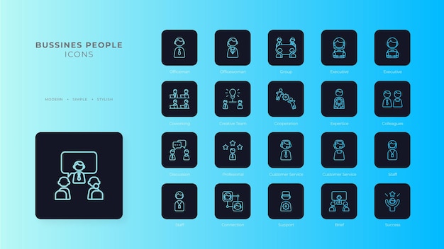 Business people icons with black filled outline style