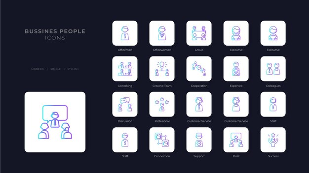 Business People Icons with purple blue outline style