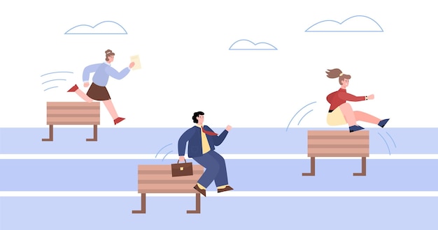 Business people jump over obstacles after leader vector cartoon illustration