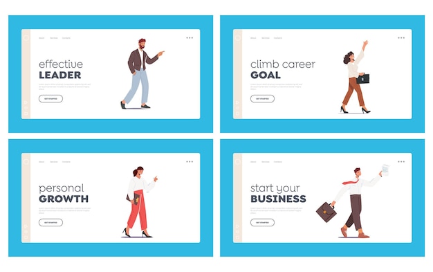 Vector business people landing page template set successful leader businessmen and businesswomen characters illustration