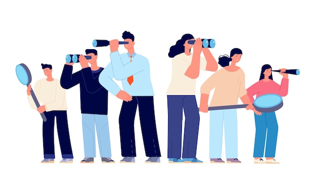 Vector business people looking success corporate person search challenge man woman with telescope binoculars find idea or dream utter vector concept