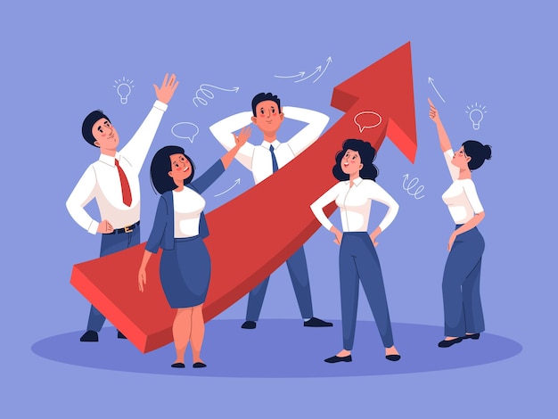 business people looking up happy team looks at growing red schedule successful startup staff pointing upwards together red arrow growth cartoon flat style isolated vector concept