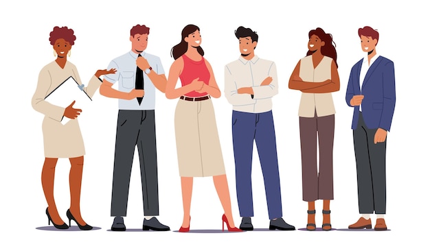 Vector business people male and female characters team stand together businessmen and businesswomen joyful managers colleagues