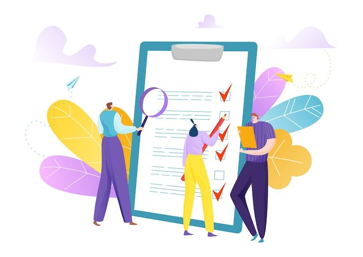 Vector business people mark checklist at clipboard flat concept illustration
