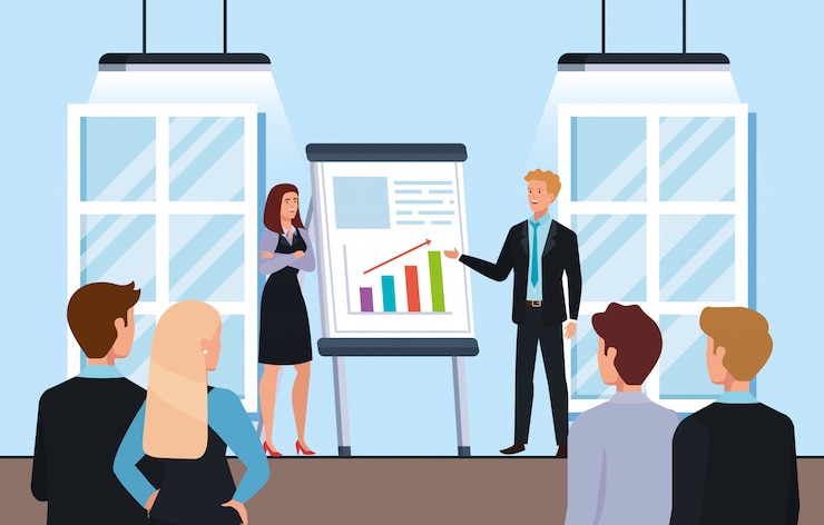 Vector business people meeting with infographics presentation