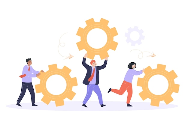 Business people moving gear wheels flat vector illustration. Team working together, repairing system. Organization, cooperation, research, teamwork, service concept