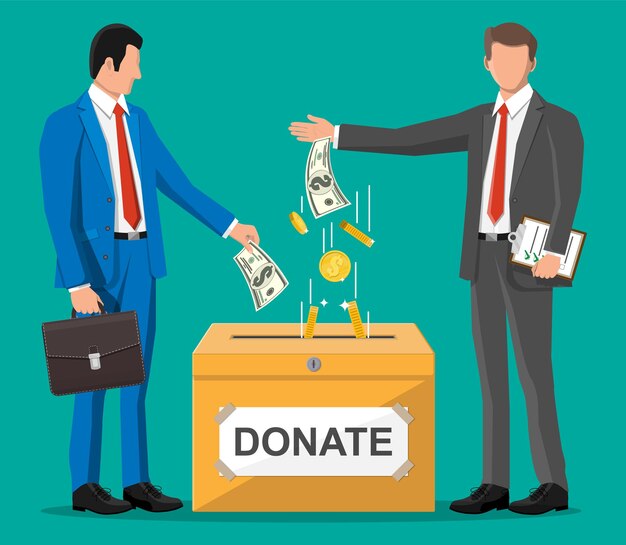 기부금 상자와 돈 근처 사업 사람들
