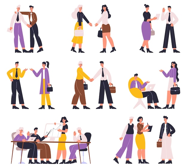 Business people negotiating, discussing, professional communication, brainstorming. Office workers business meeting or conference vector illustration set. Formal negotiation