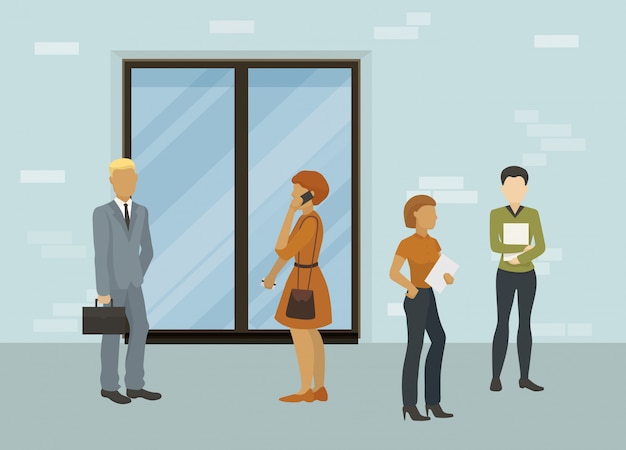 Business people, office workers or job seekers man and women standing in front of closed door  illustration. waiting for interview or business appointment meeting.