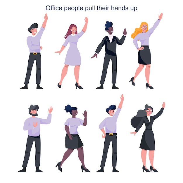 Business people in official clothes with their hand up set. Worker