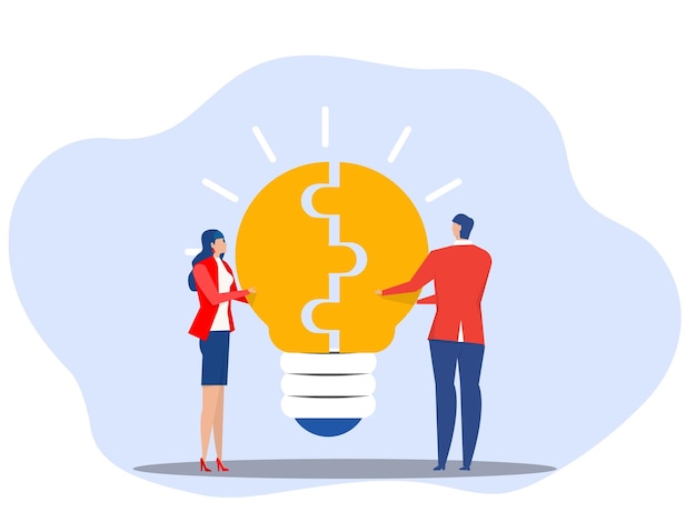 Business people and partner connect lightbulb jigsaw puzzle together